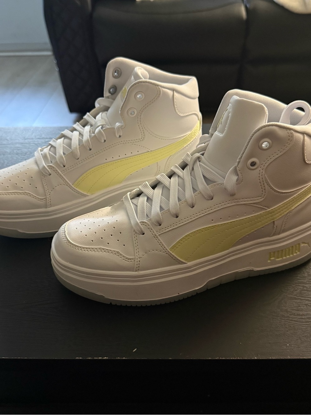 Puma White High-Top Sneakers with Pale Yellow Stripe